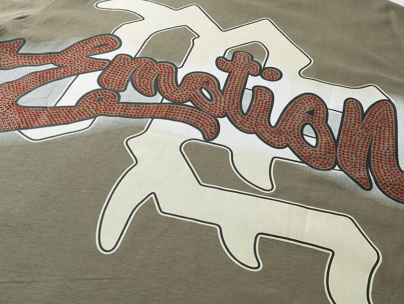 MIXED EMOTION Olive Khaki Front-and-Back Graphic T-Shirt — detail