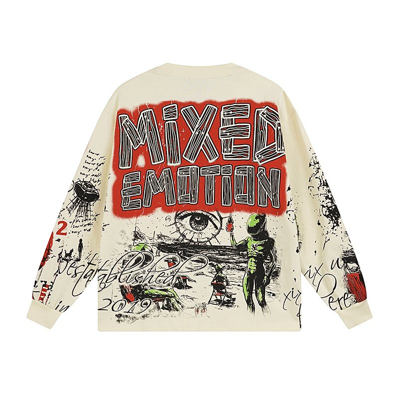 MIXED EMOTION Distressed Graphic Long-Sleeve T-Shirt — back