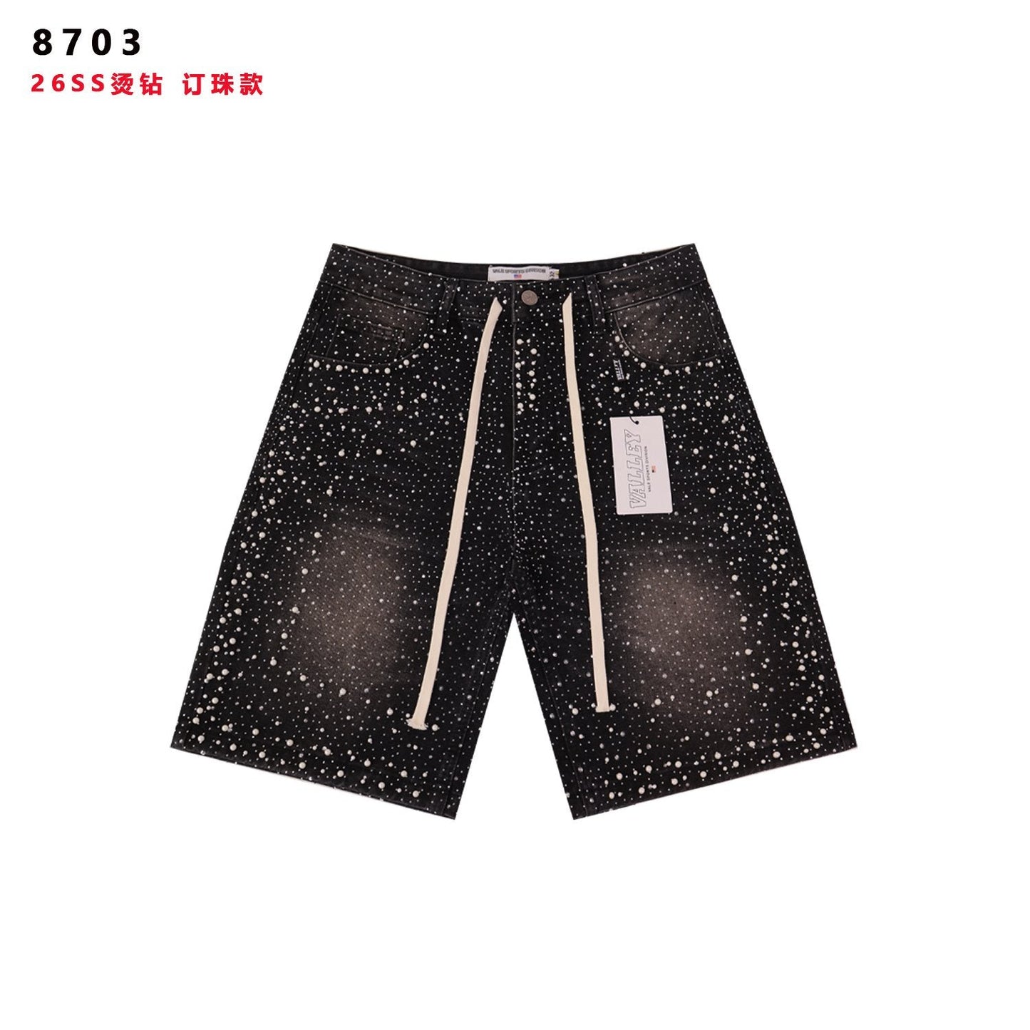 VALE Pearl-Studded Washed Denim Shorts — hero
