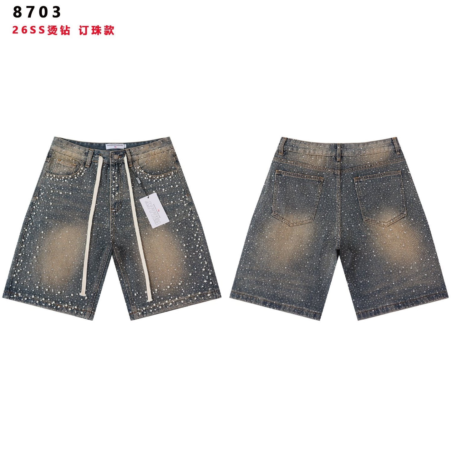 VALE Pearl-Studded Washed Denim Shorts — front