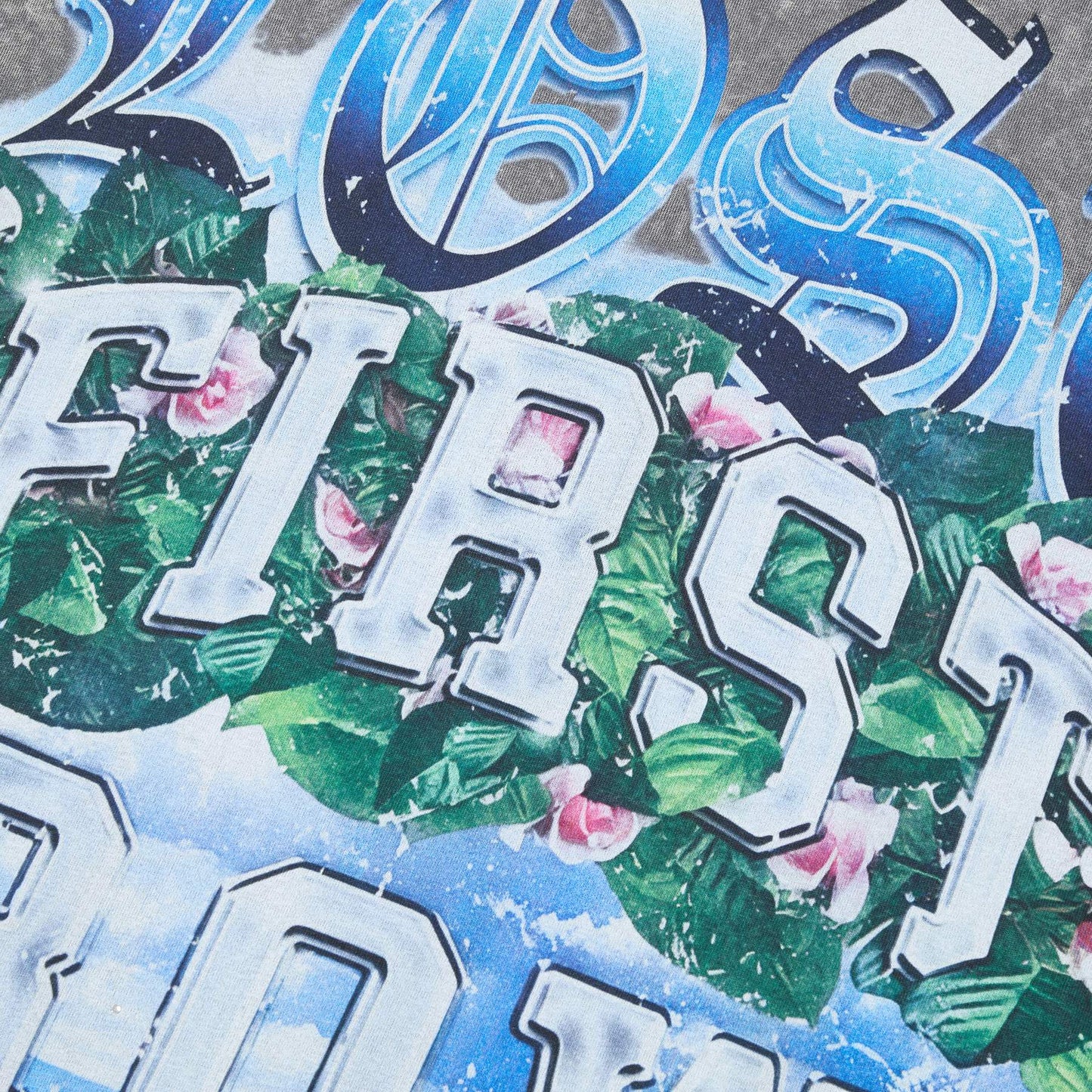 FIRST ROW Washed Grey Front & Back Graphic T-Shirt — detail