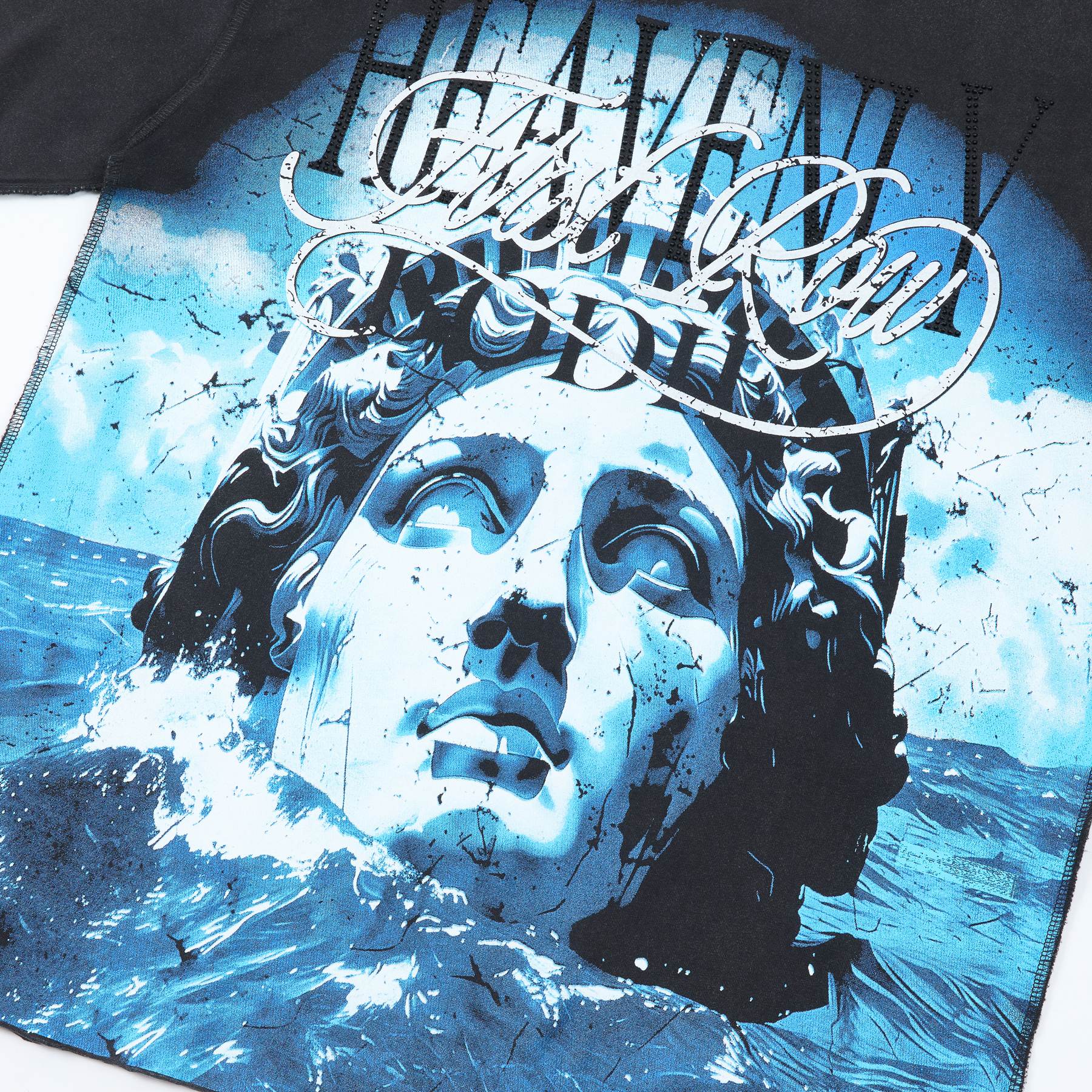 FIRST ROW Distressed Rhinestone Graphic T-Shirt — detail