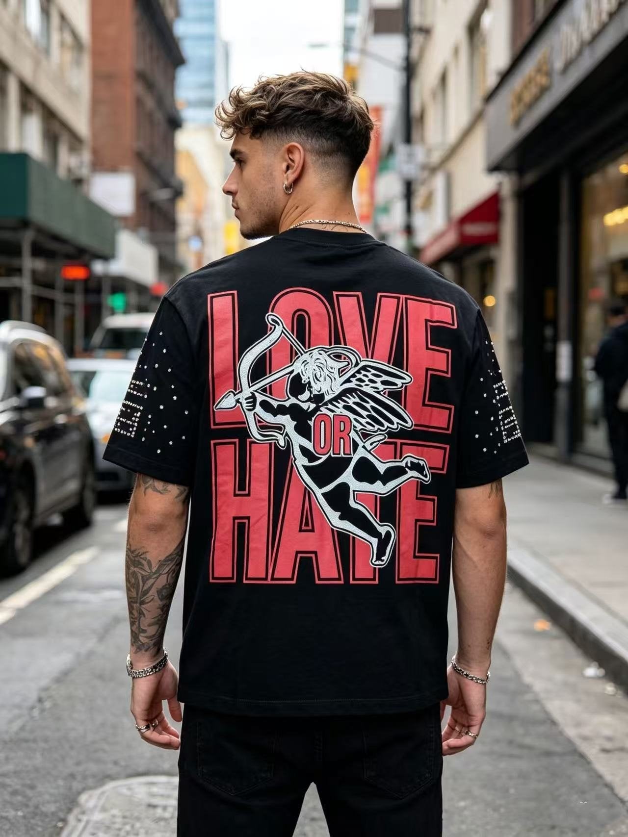 MIXED EMOTION Love or Hate Cupid Graphic T-Shirt — model