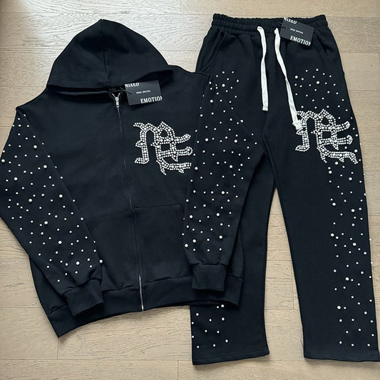 MIXED EMOTION Rhinestone Graphic Zip Hoodie & Sweatpants Set — hero