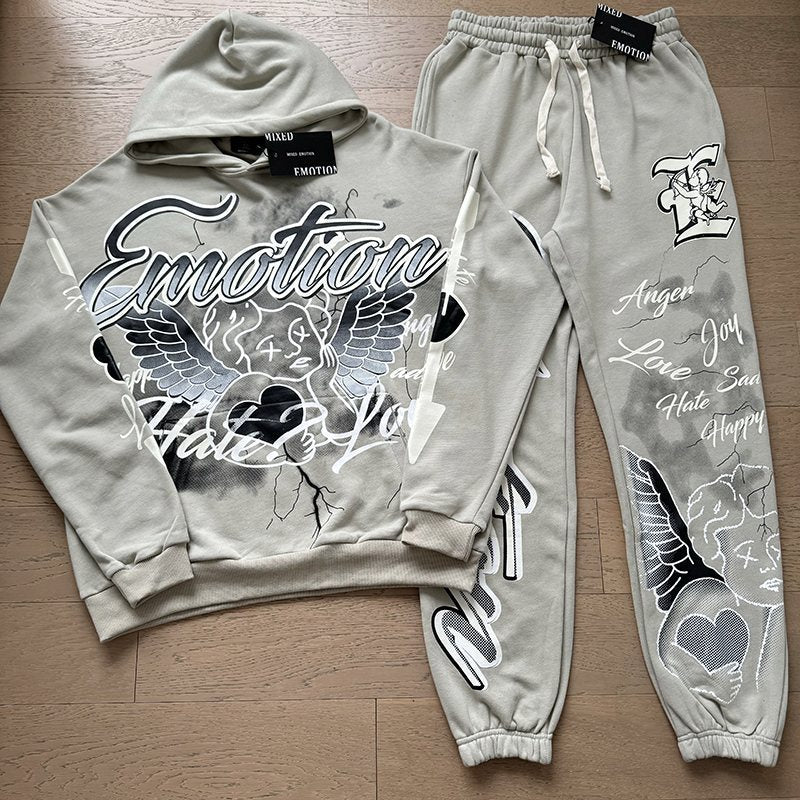 MIXED EMOTION Graffiti Graphic Hoodie & Jogger Matching Set — front
