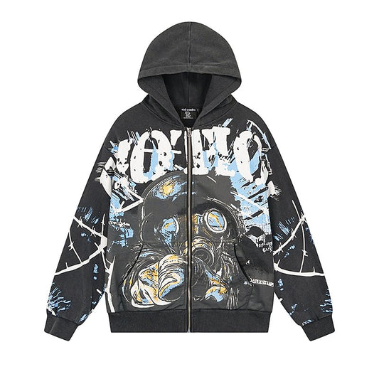 MIXED EMOTION Washed Black Graphic Zip Hoodie — hero