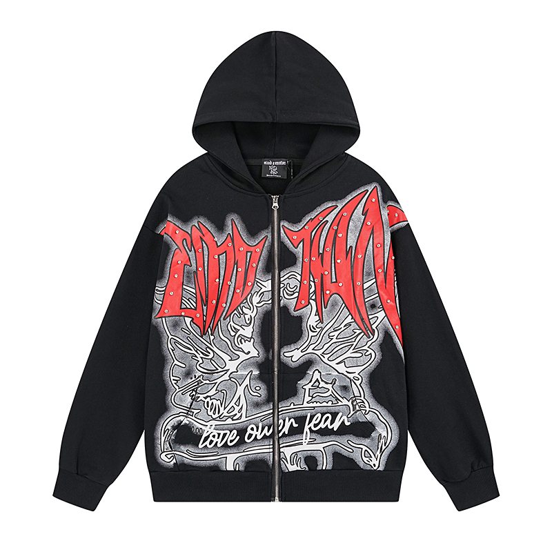 MIXED EMOTION Rhinestone Graphic Full-Zip Hoodie — front