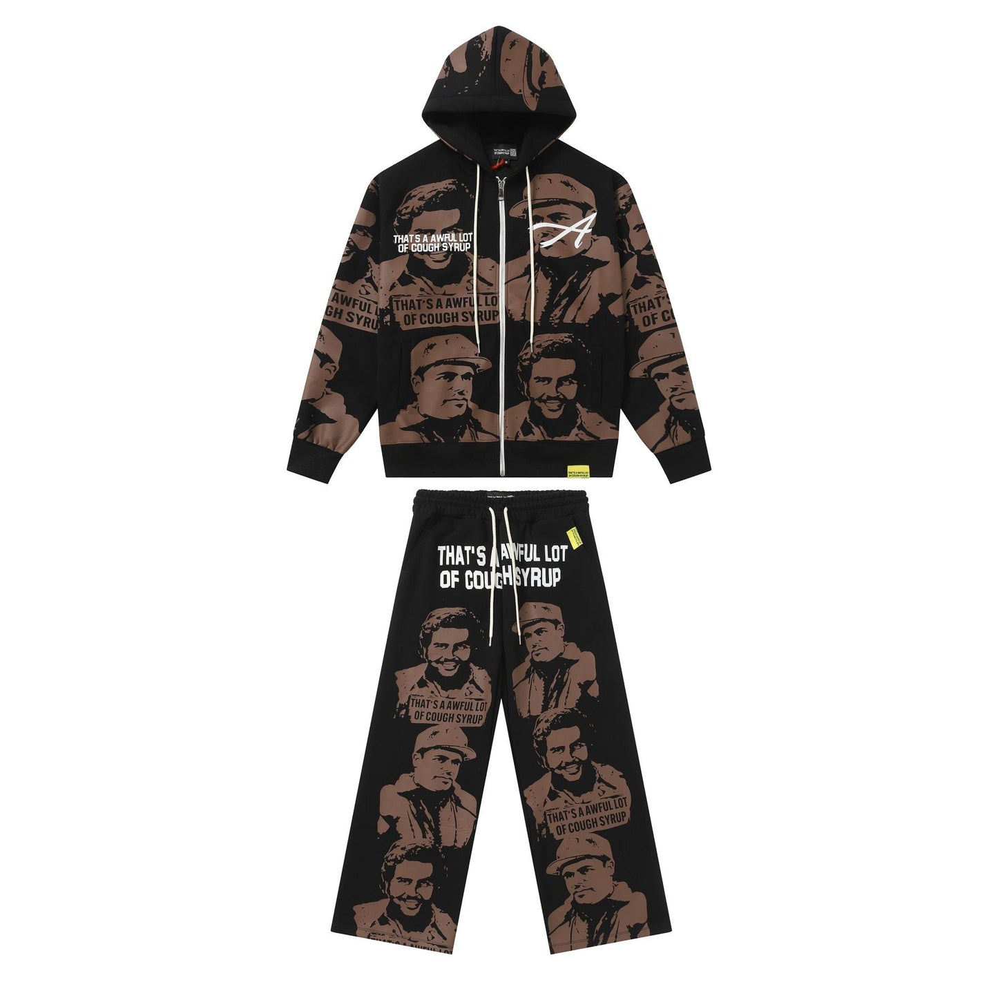 That's A Awful Lot Of Cough Syrup Portrait Graphic Zip Hoodie & Sweatpants Set - Black — front