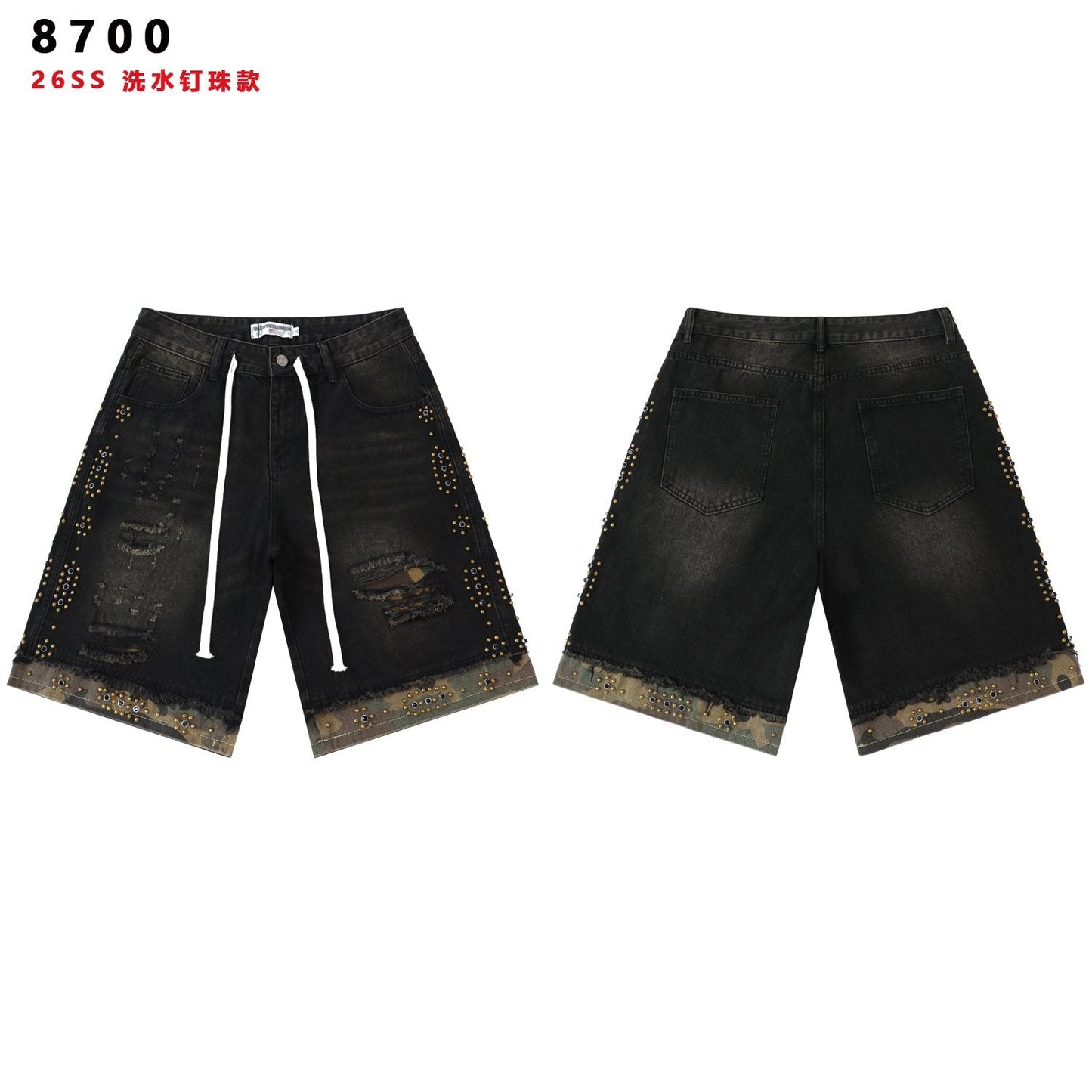 VALLEY Studded Distressed Washed Denim Shorts — hero
