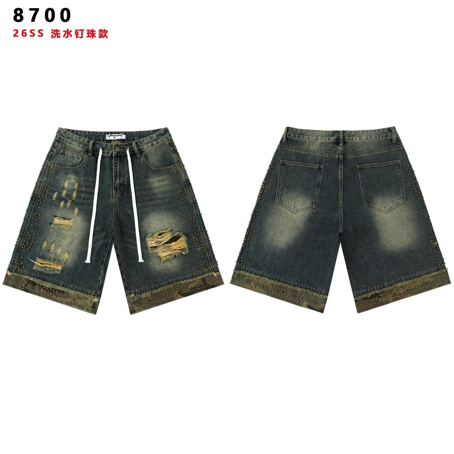 VALLEY Studded Distressed Washed Denim Shorts — front