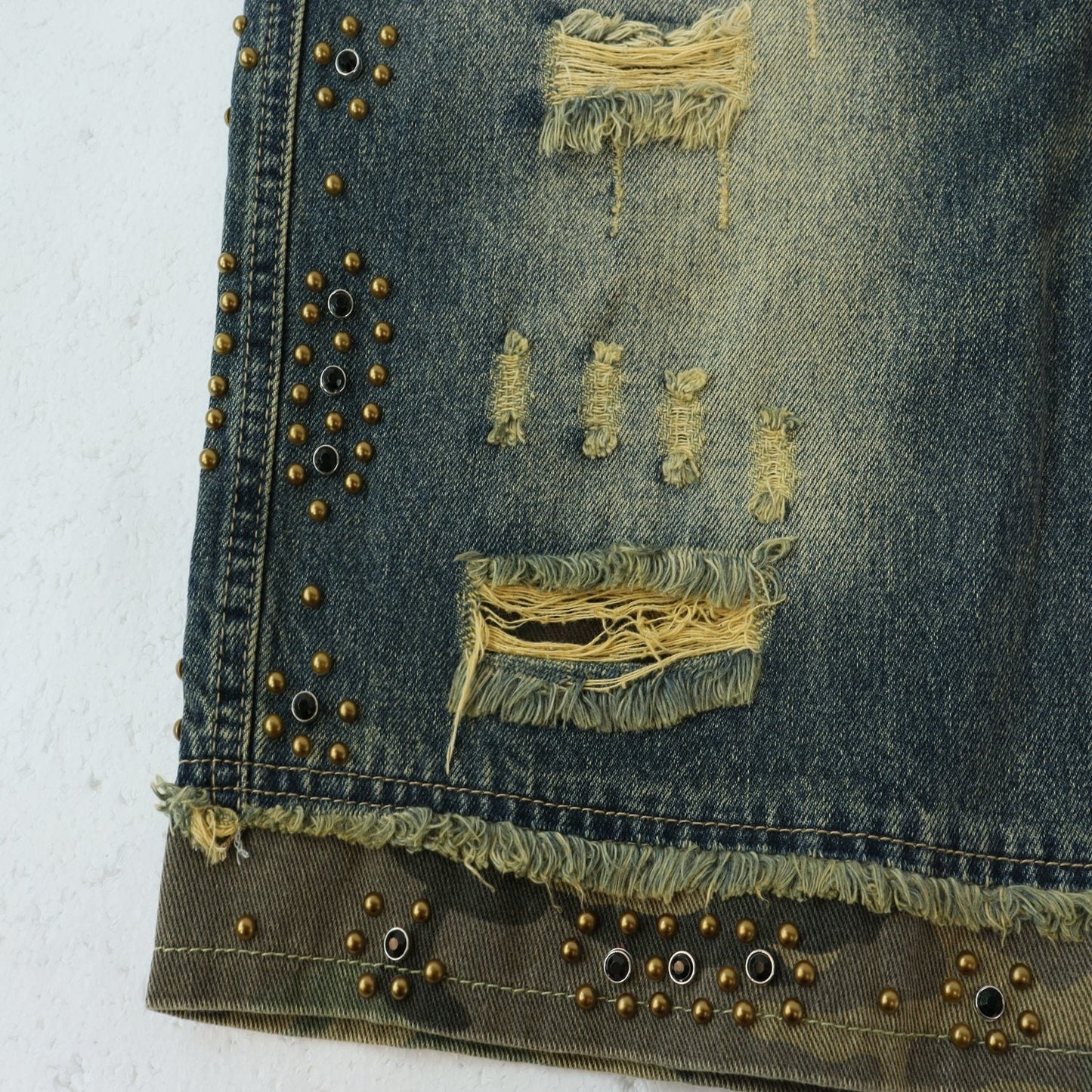 VALLEY Studded Distressed Washed Denim Shorts — detail