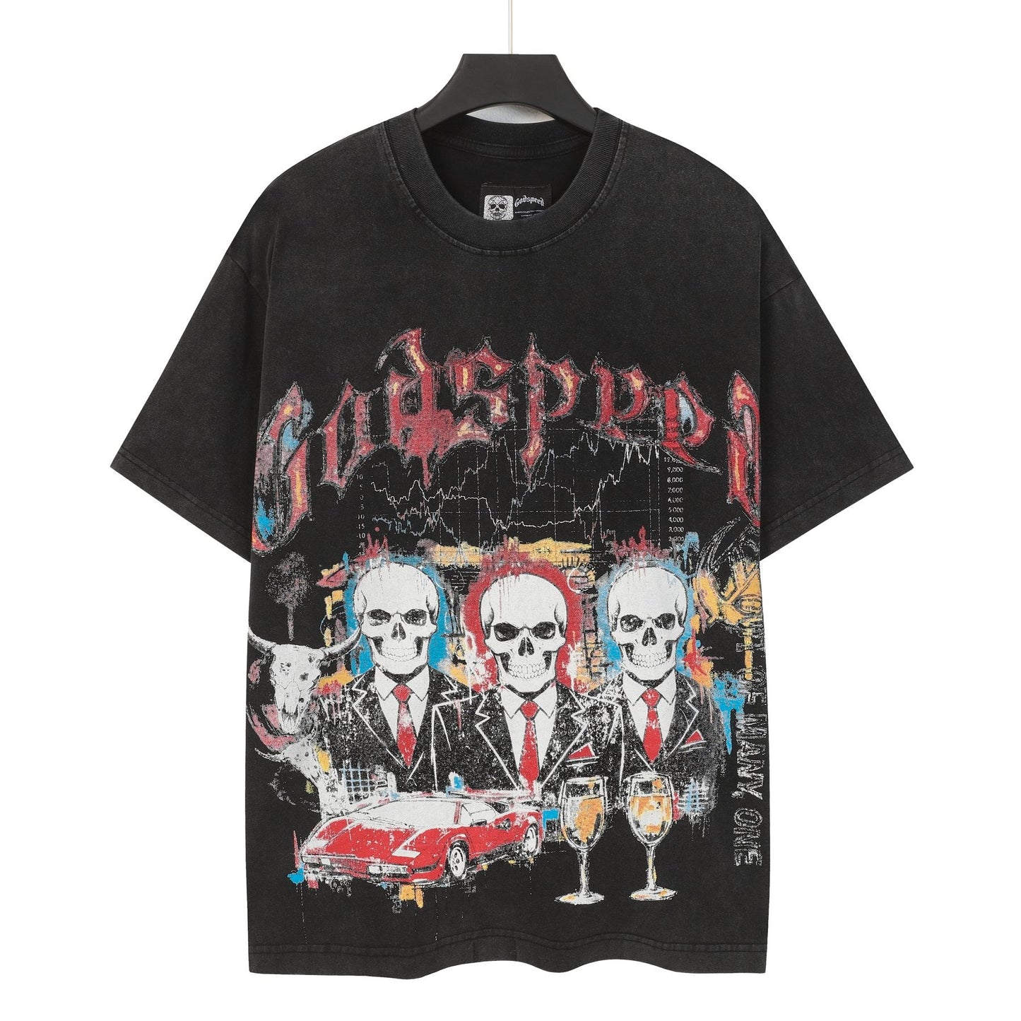 Godspeed Washed Black Skull Car Graphic T-Shirt — front
