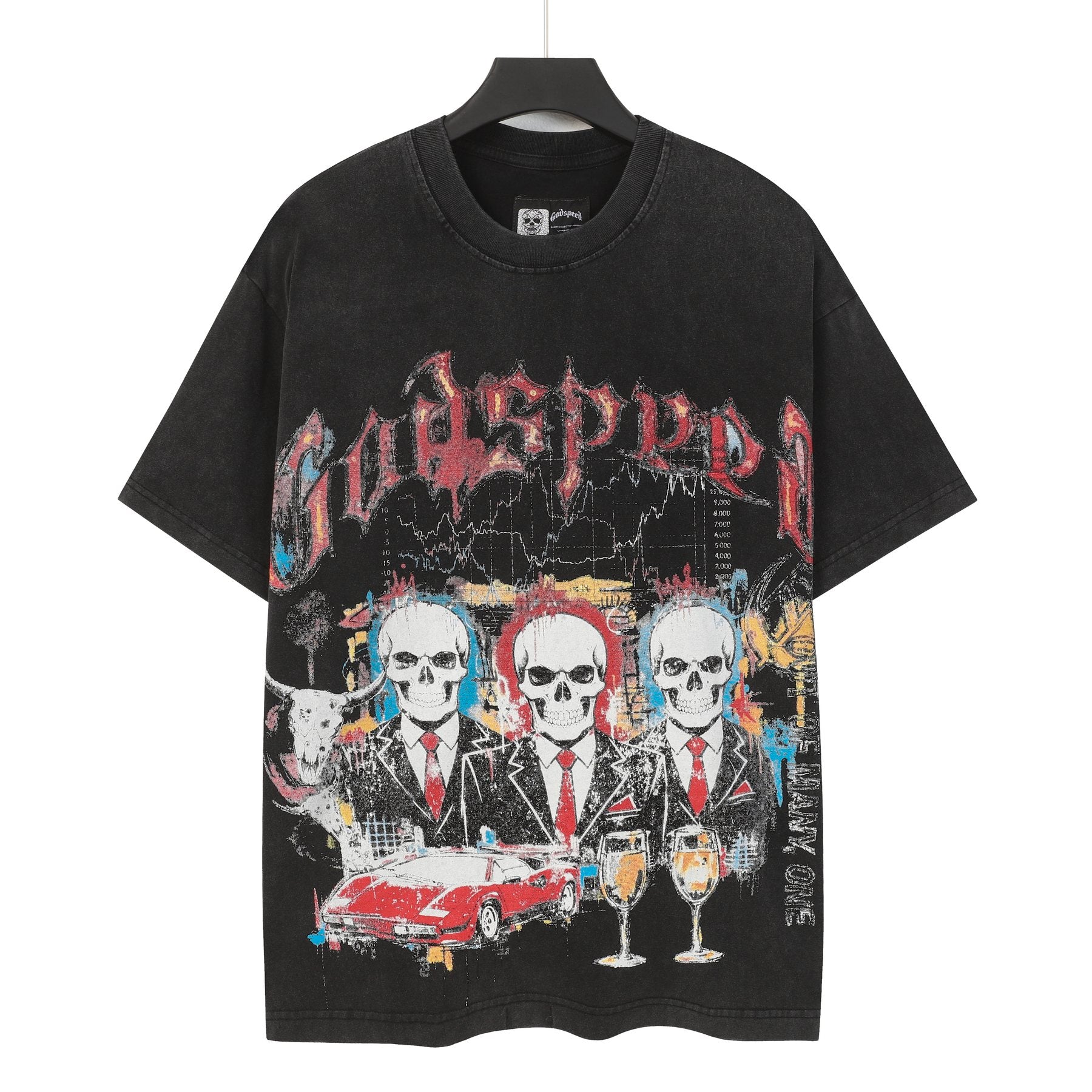 Godspeed Washed Black Skull Car Graphic T-Shirt — front
