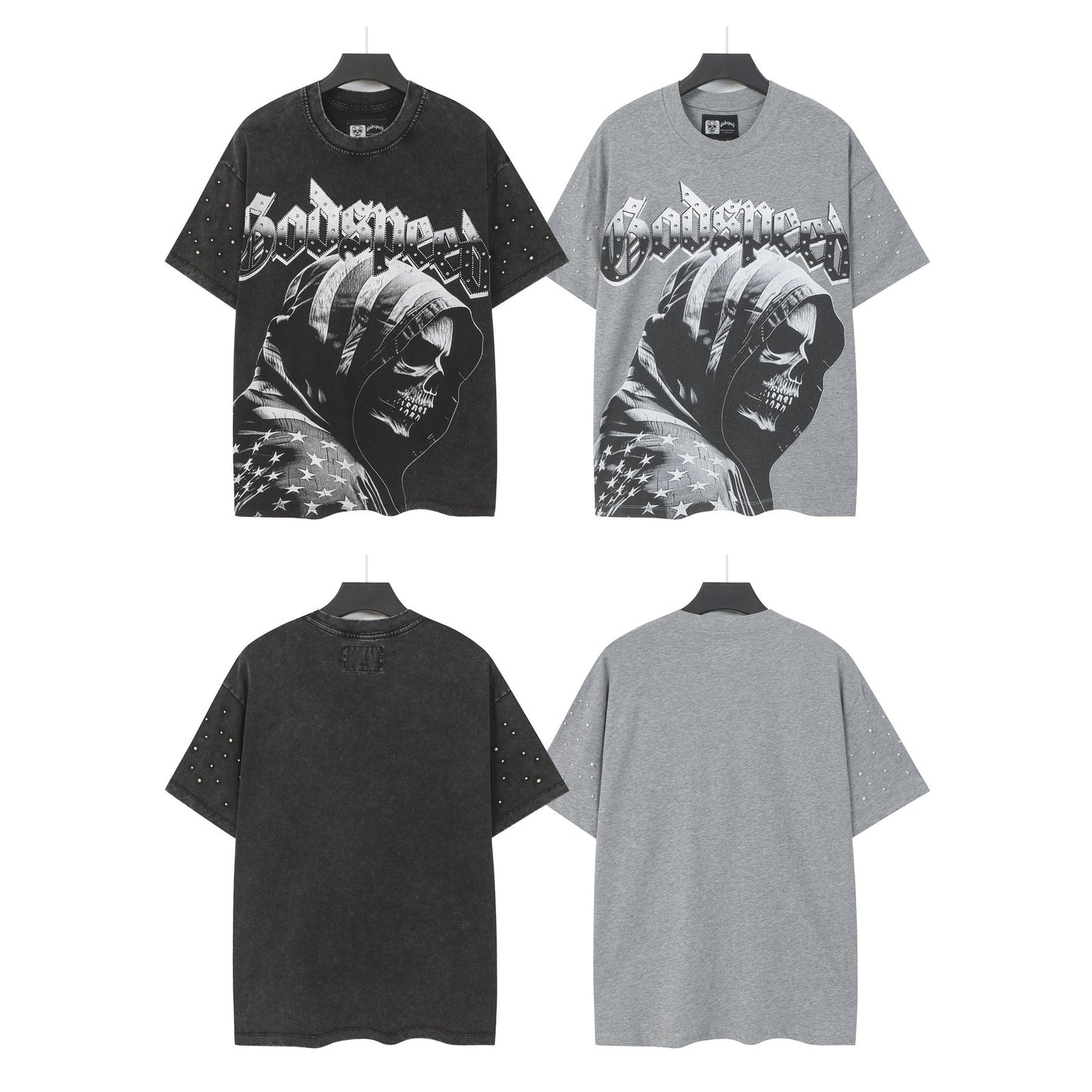 Godspeed Hooded Skull Graphic Studded-Sleeve T-Shirt — comparison