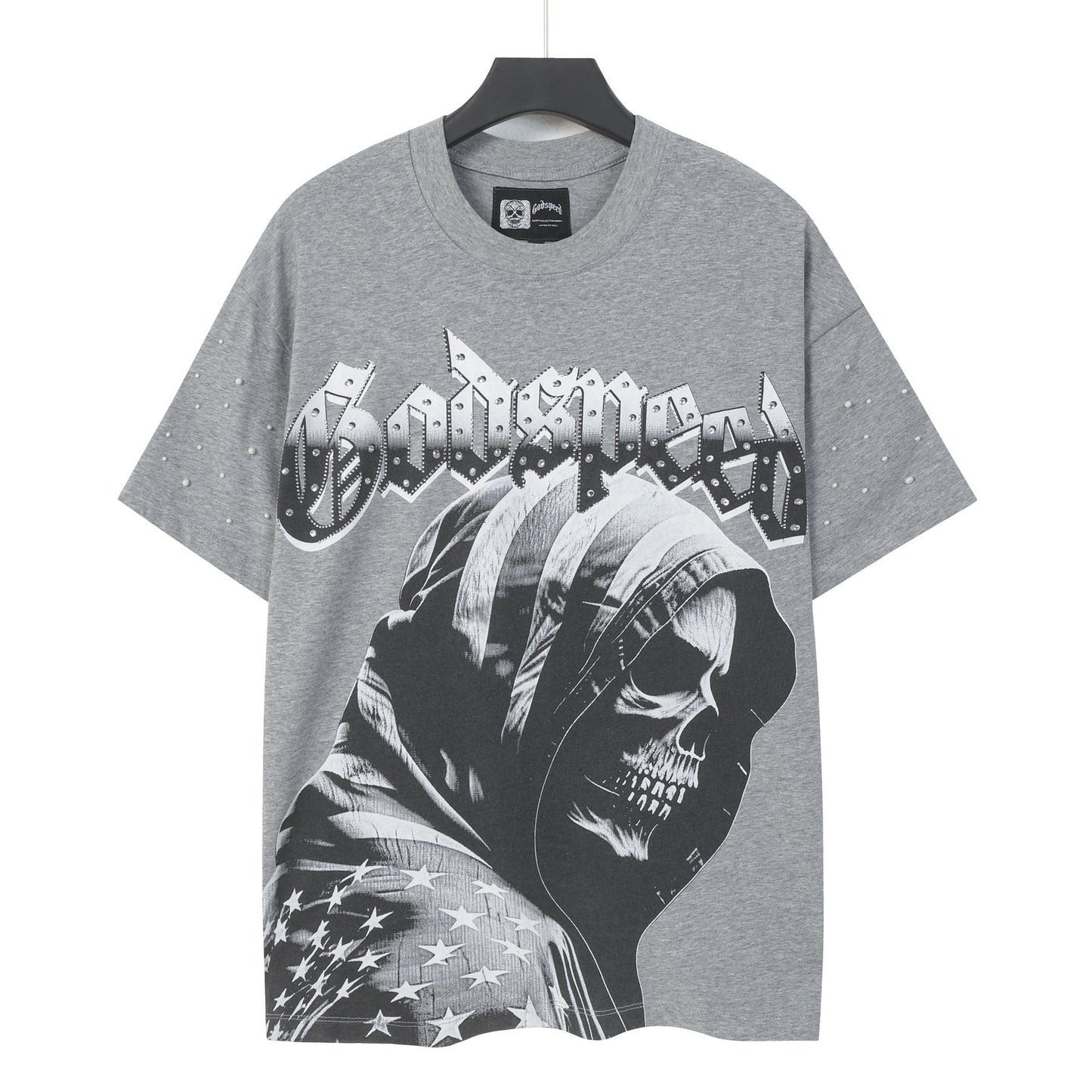 Godspeed Hooded Skull Graphic Studded-Sleeve T-Shirt — front