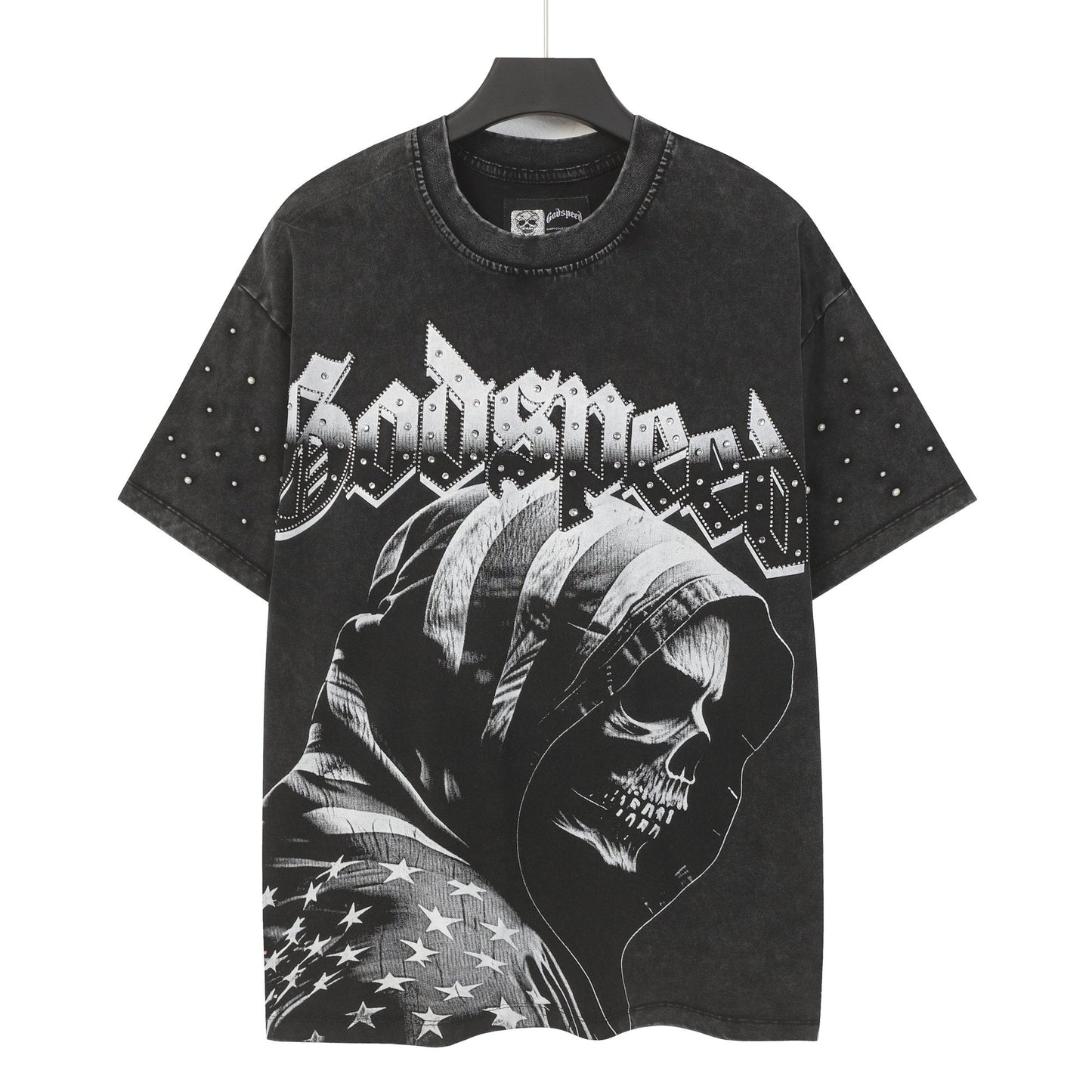 Godspeed Hooded Skull Graphic Studded-Sleeve T-Shirt — hero