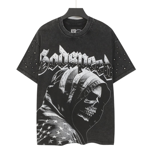 Godspeed Hooded Skull Graphic Studded-Sleeve T-Shirt — hero