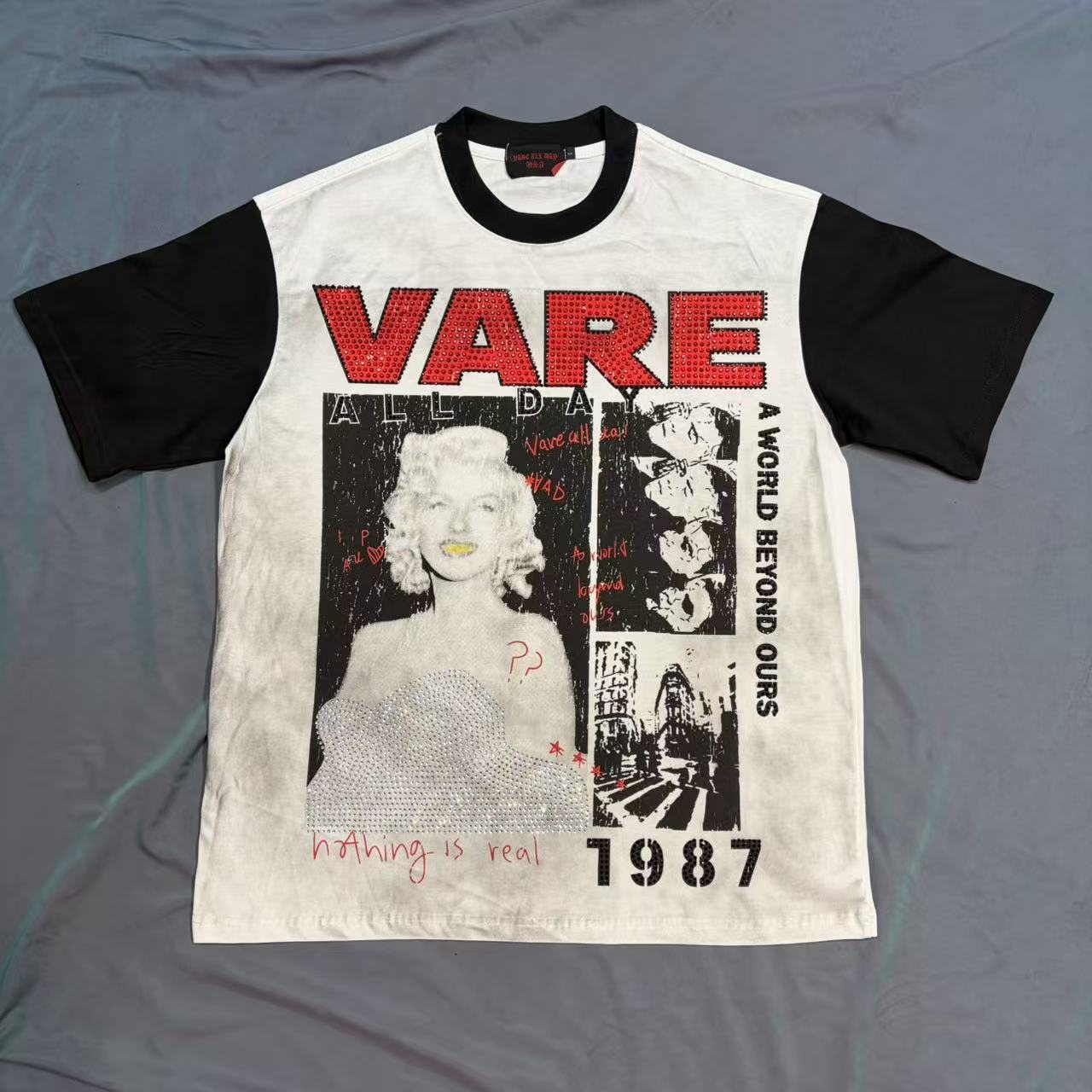 VARE ALL DAY Washed Contrast-Sleeve Graphic T-Shirt — front