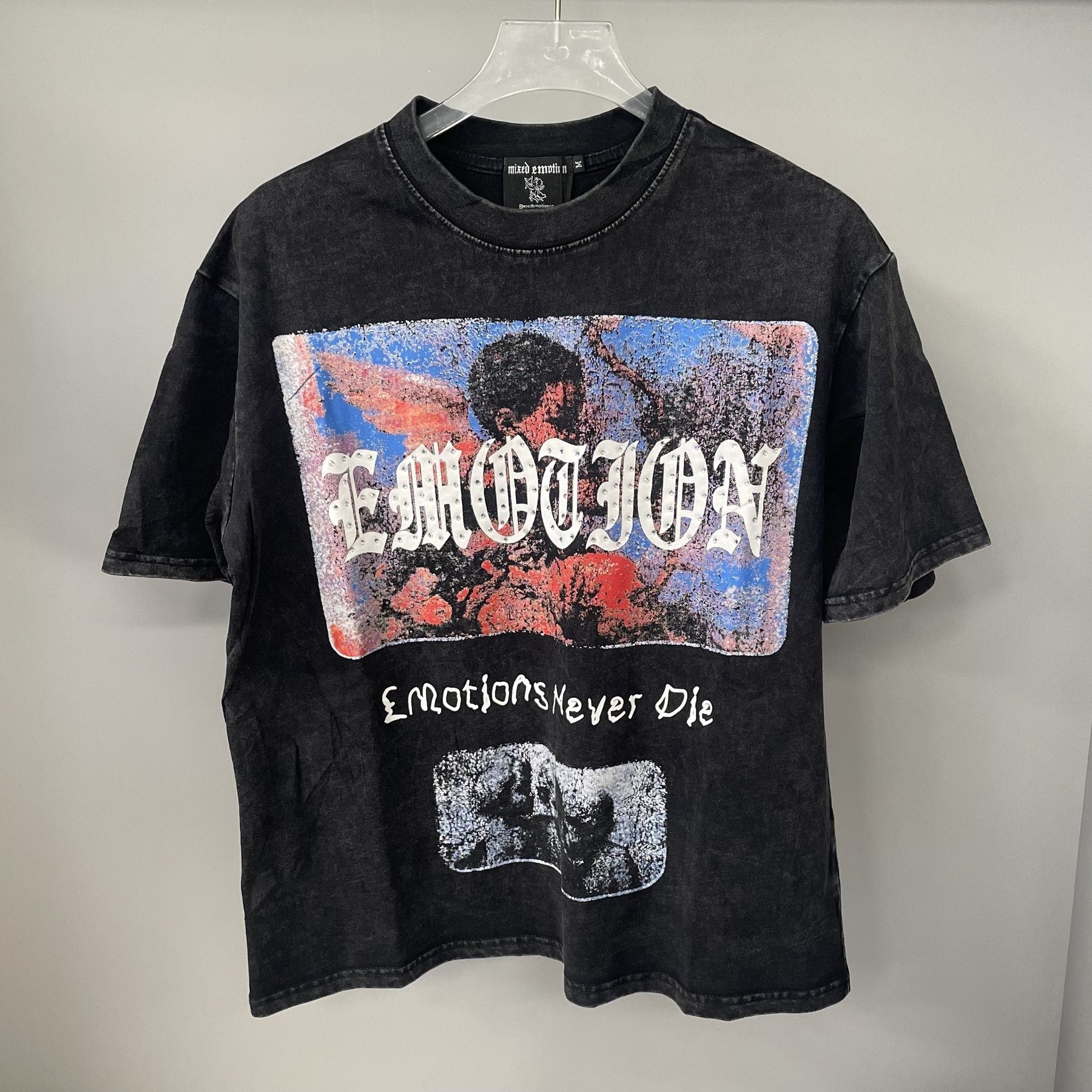 MIXED EMOTION Rhinestone Graphic Acid-Wash T-Shirt — front