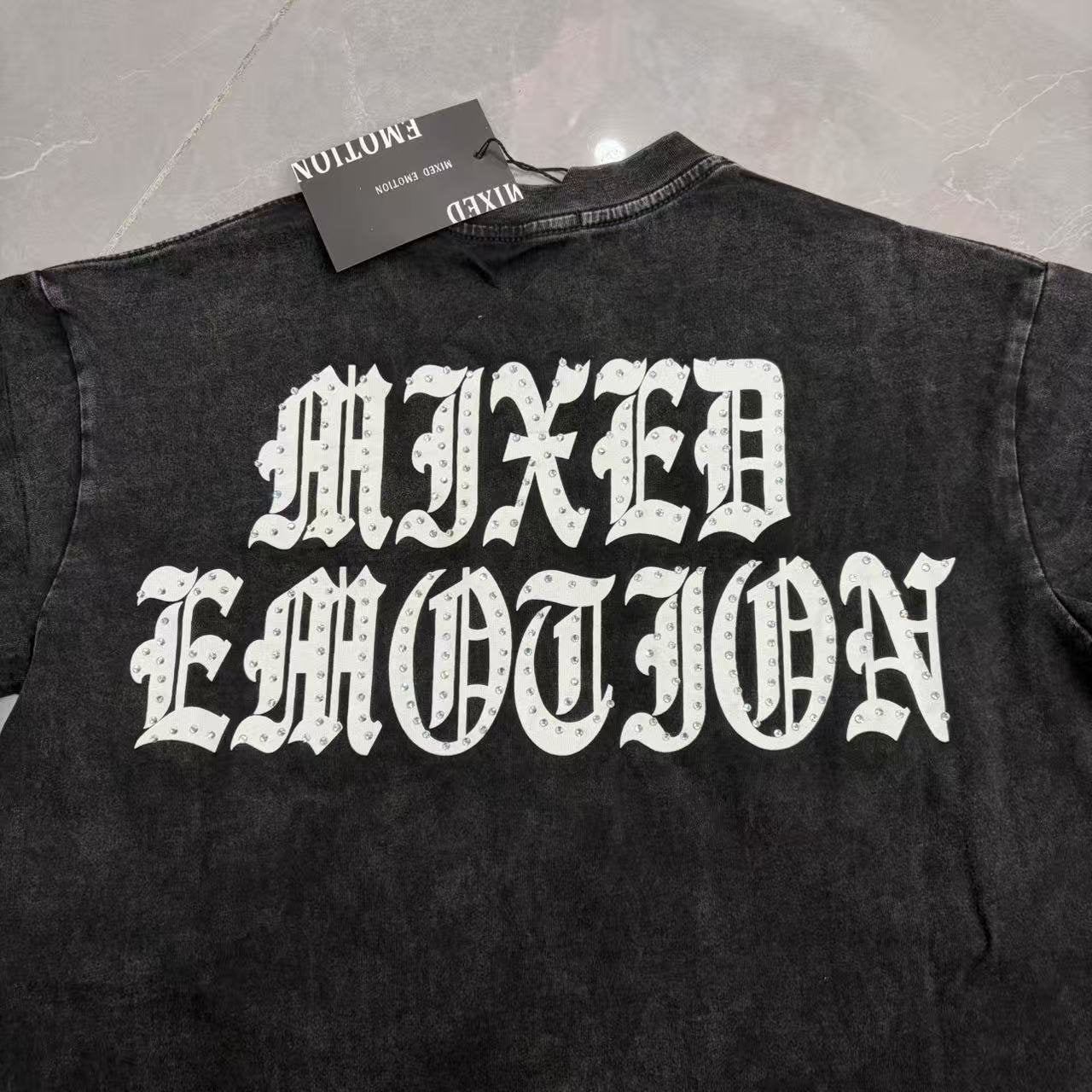 MIXED EMOTION Rhinestone Graphic Acid-Wash T-Shirt — detail