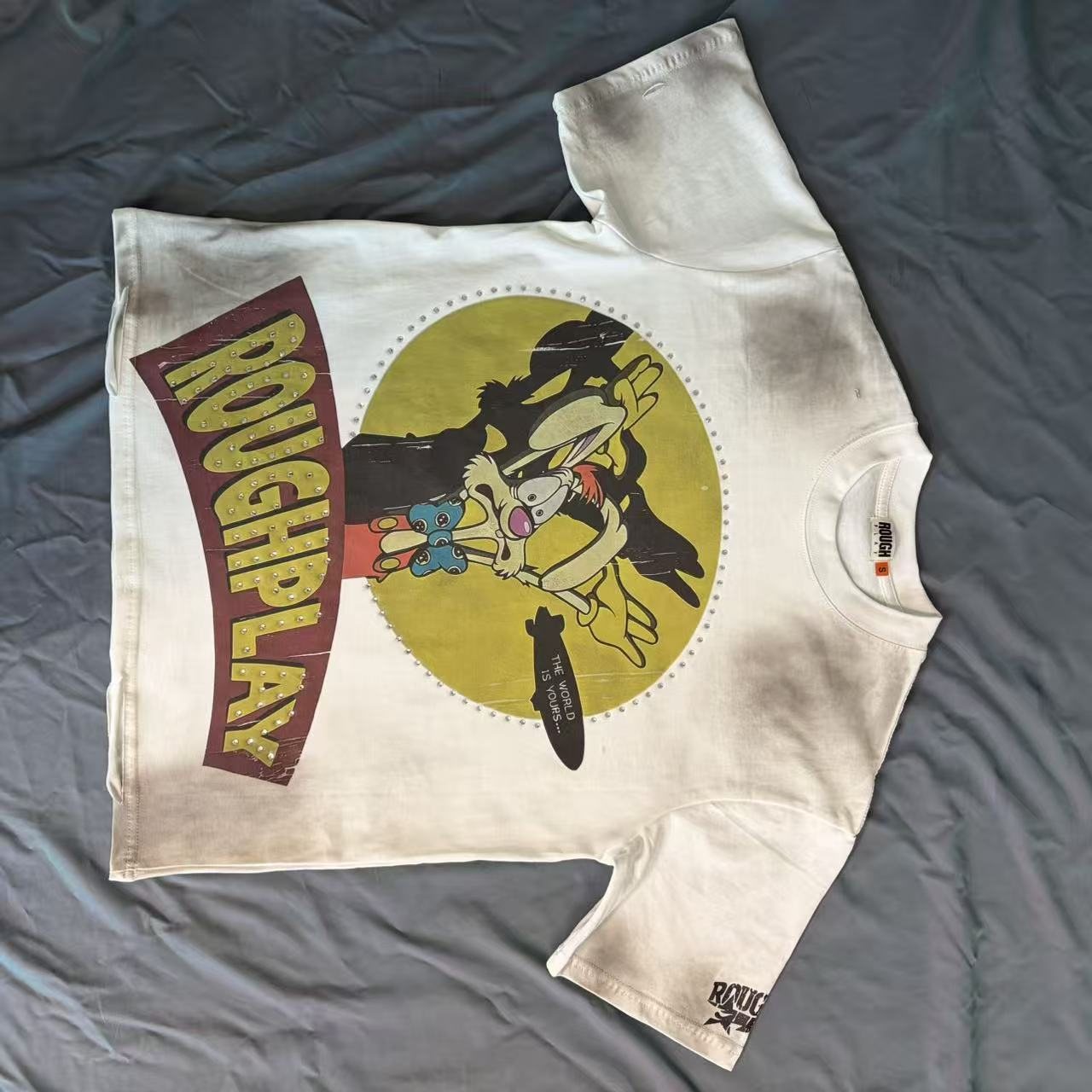 Rough Play Off-White Washed Rhinestone Graphic T-Shirt — front