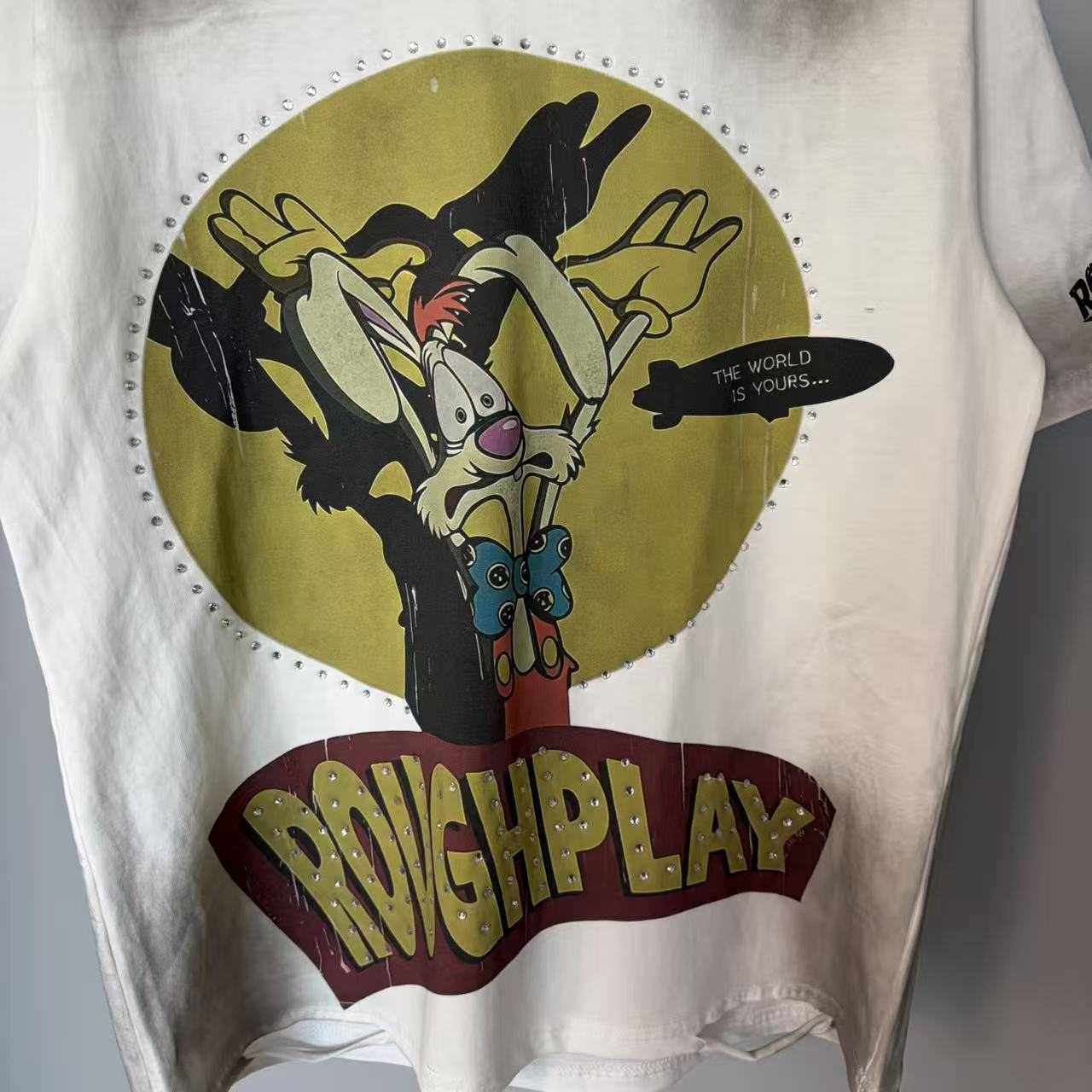 Rough Play Off-White Washed Rhinestone Graphic T-Shirt — detail