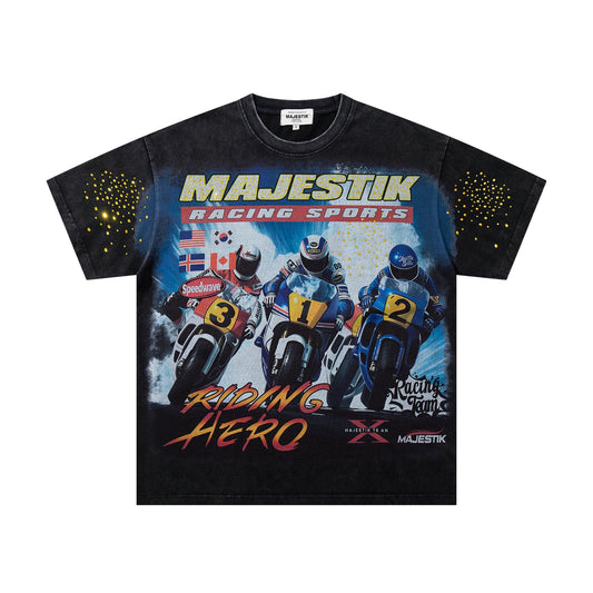MAJESTIK Racing Graphic Washed Black T-Shirt — hero