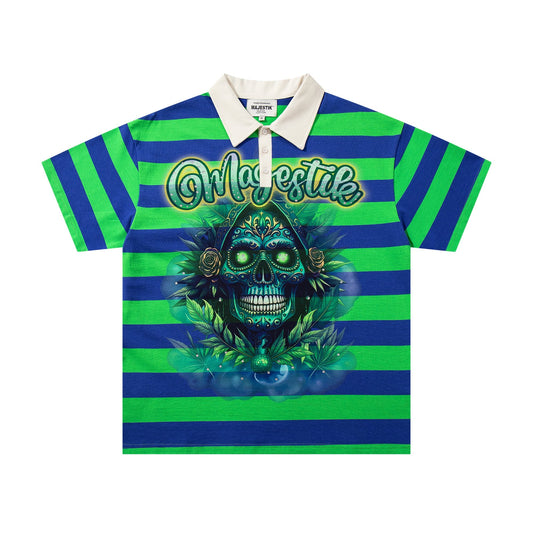 MAJESTIK Green/Blue Striped Skull Graphic Polo Shirt — hero