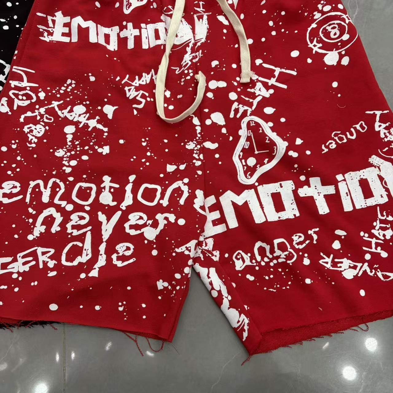 MIXED EMOTION Graffiti Paint Splatter Drawstring Shorts — front