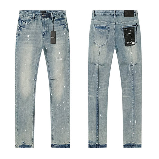 R+A Light Blue Paint-Splatter Distressed Jeans — hero