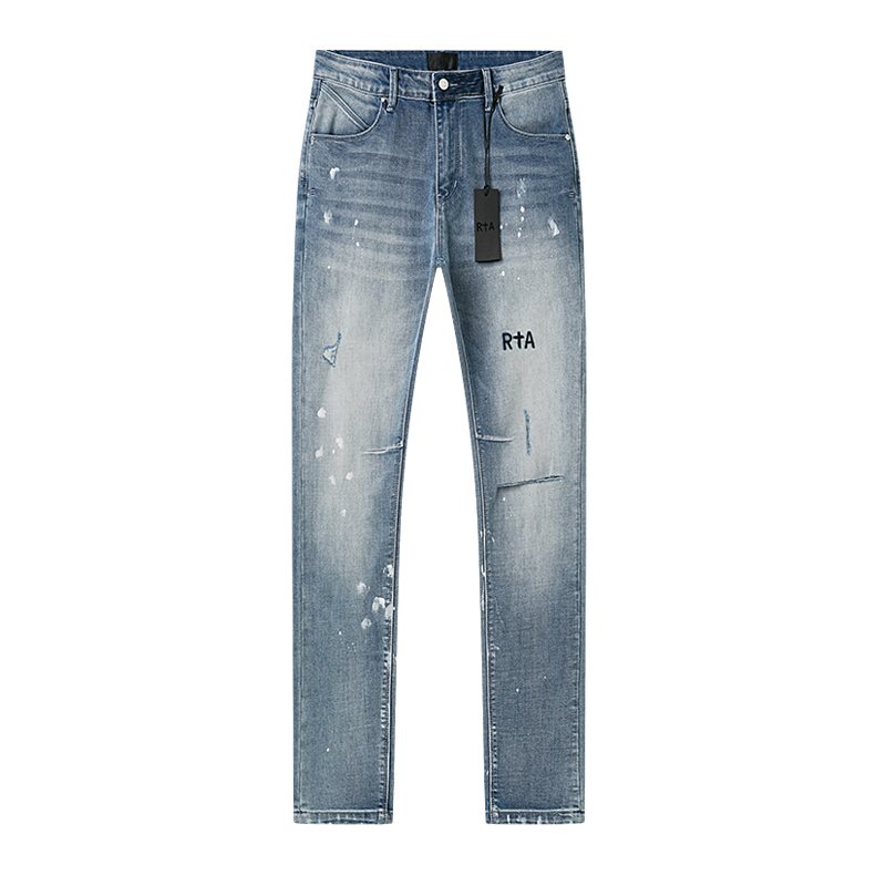 R+A Light Blue Paint-Splatter Patchwork Jeans — hero