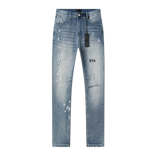 R+A Light Blue Paint-Splatter Patchwork Jeans — hero