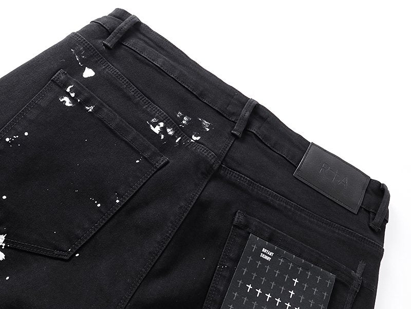 R+A Rest in Peace Cross Patch Paint-Splatter Jeans — detail