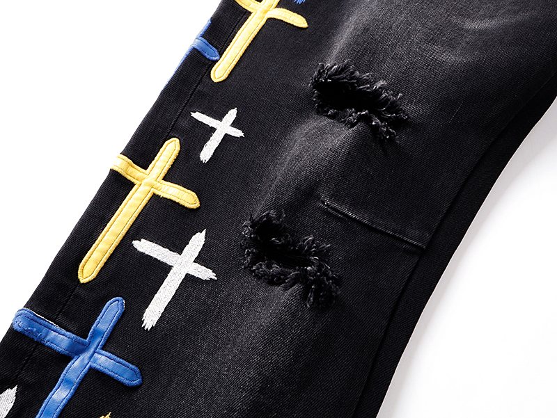 R+A Cross Embroidered Distressed Jeans — detail