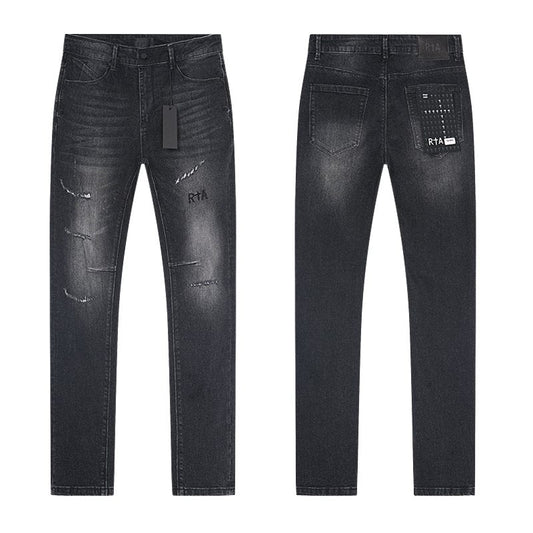 R+A Washed Black Distressed Logo Detail Jeans — hero