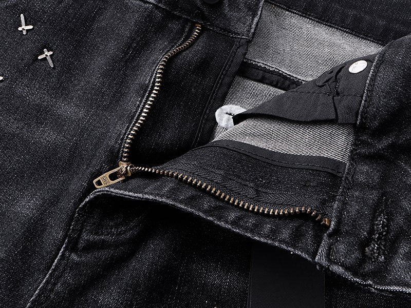 R+A Cross-Stud Washed Black Jeans — detail