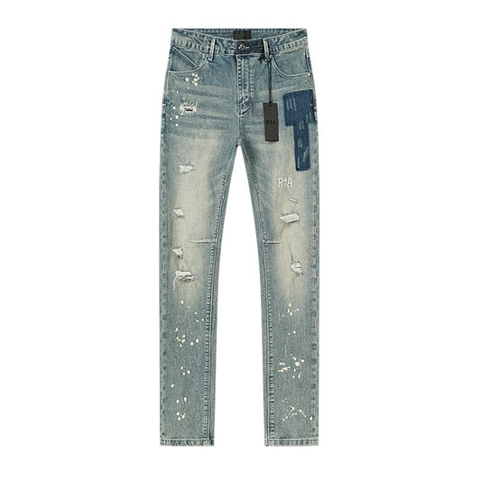 R+A Light Blue Distressed Paint Splatter Jeans — hero