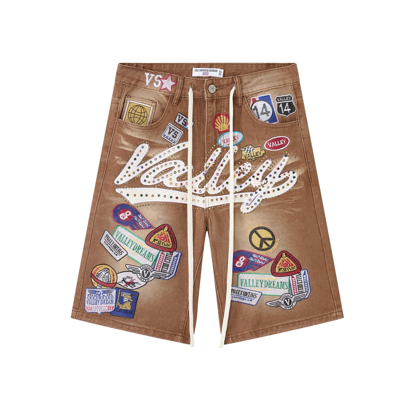 VALE 1980s Patch Rhinestone Denim Shorts — front