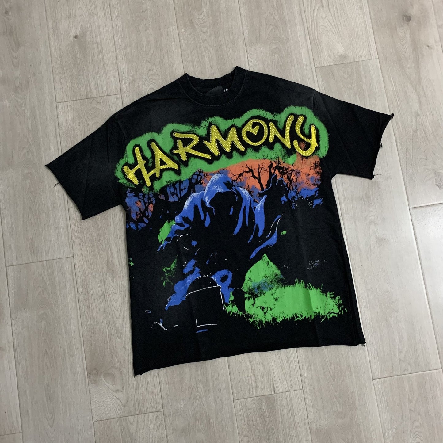 HARMONY Raw-Edge Graphic T-Shirt — front