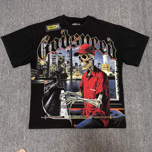 Godspeed Skeleton Piano City Graphic T-Shirt — hero