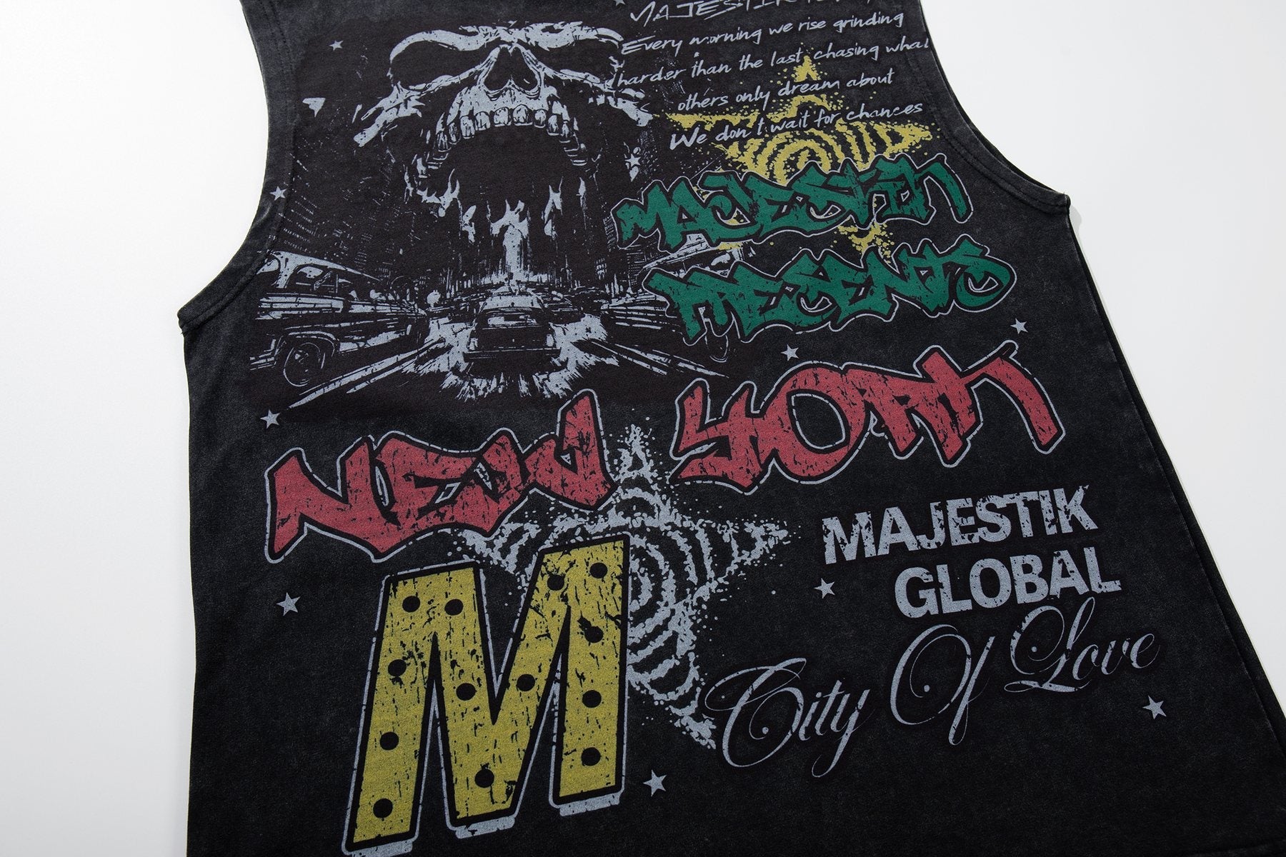 MAJESTIK New York Skull Graphic Sleeveless T-Shirt — detail