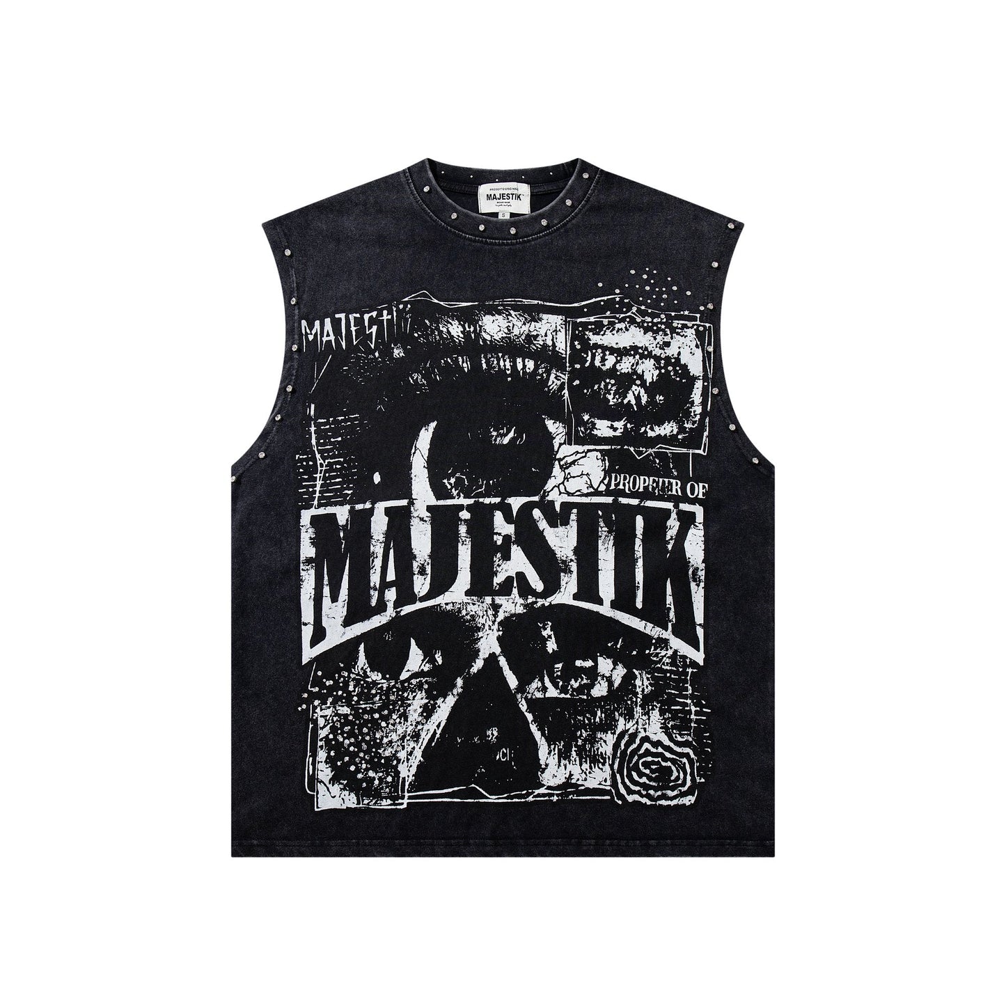 MAJESTIK Washed Black Studded Sleeveless T-Shirt — hero