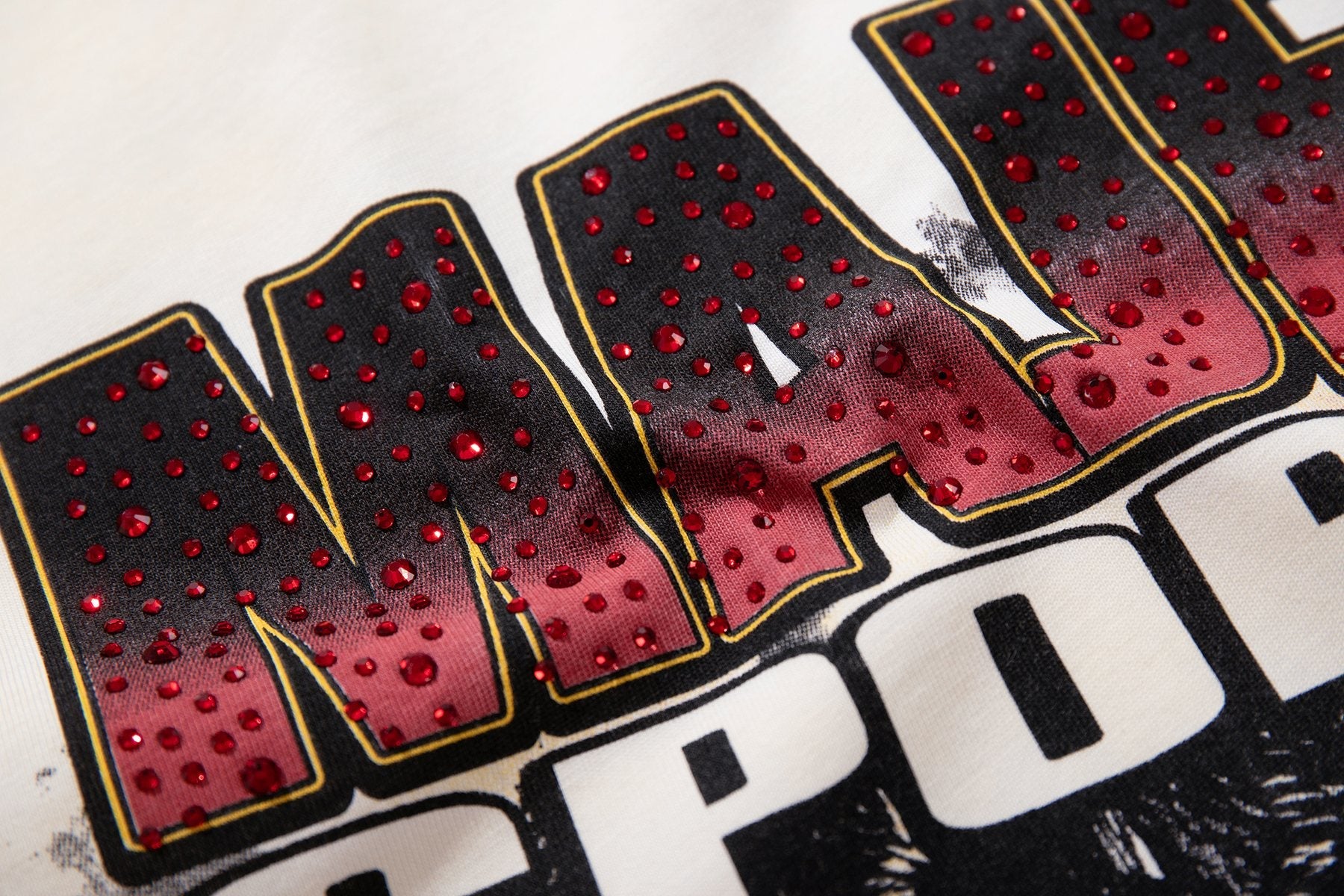 MAJESTIK Cream Distressed Rhinestone Sleeveless T-Shirt — detail