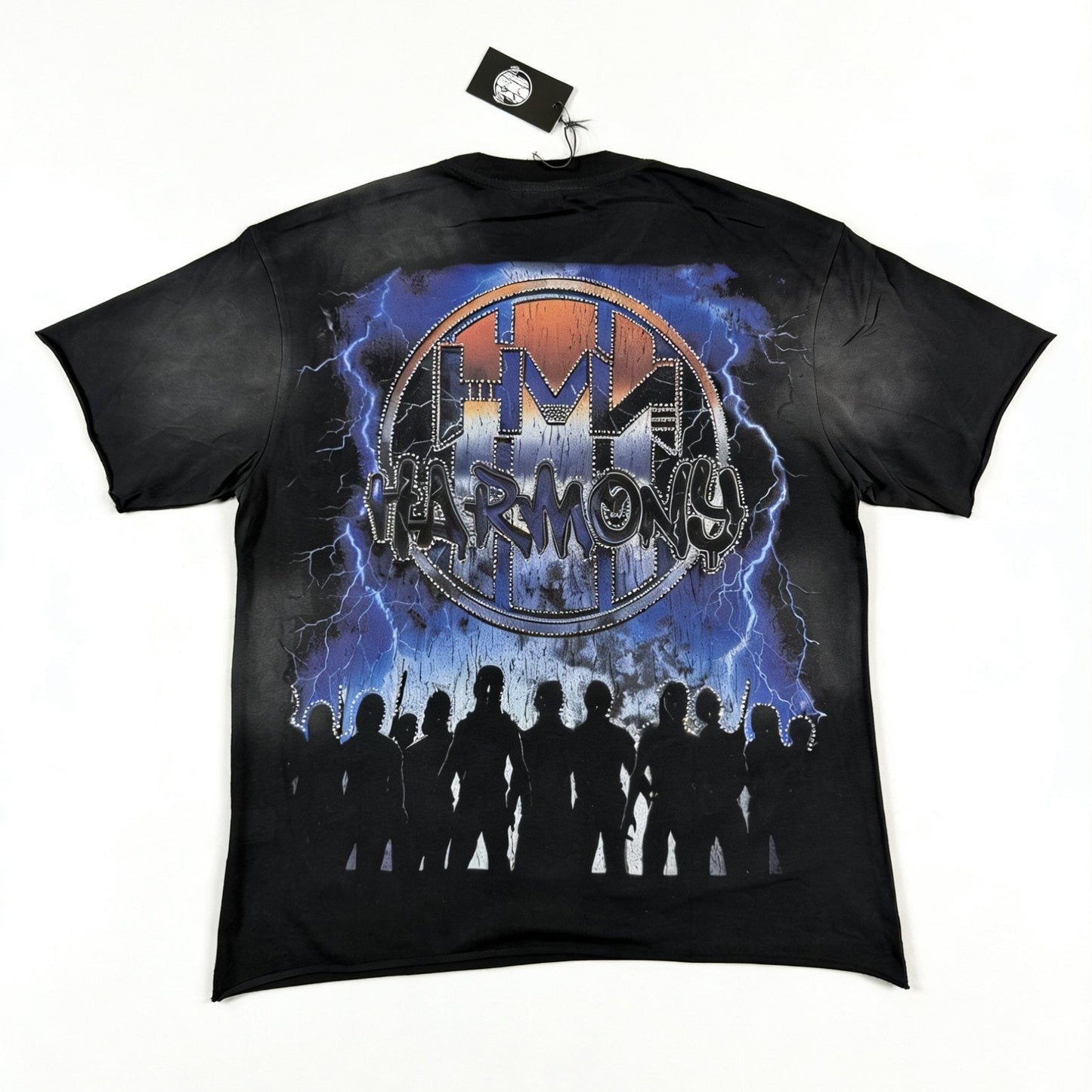 HARMONY New Age Distressed Rhinestone Graphic T-Shirt — back