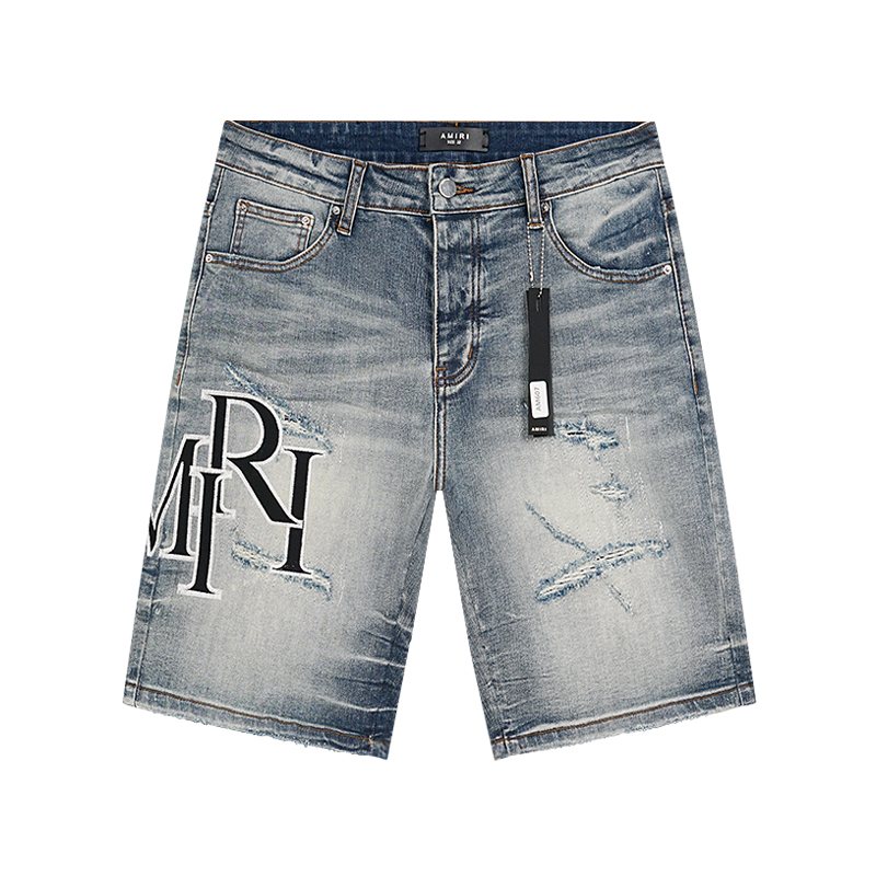 AMIRI Logo Graphic Light Blue Denim Shorts — hero