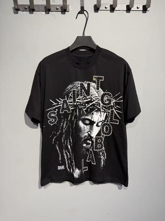 SAINT Monochrome Face Typography Graphic T-Shirt — hero