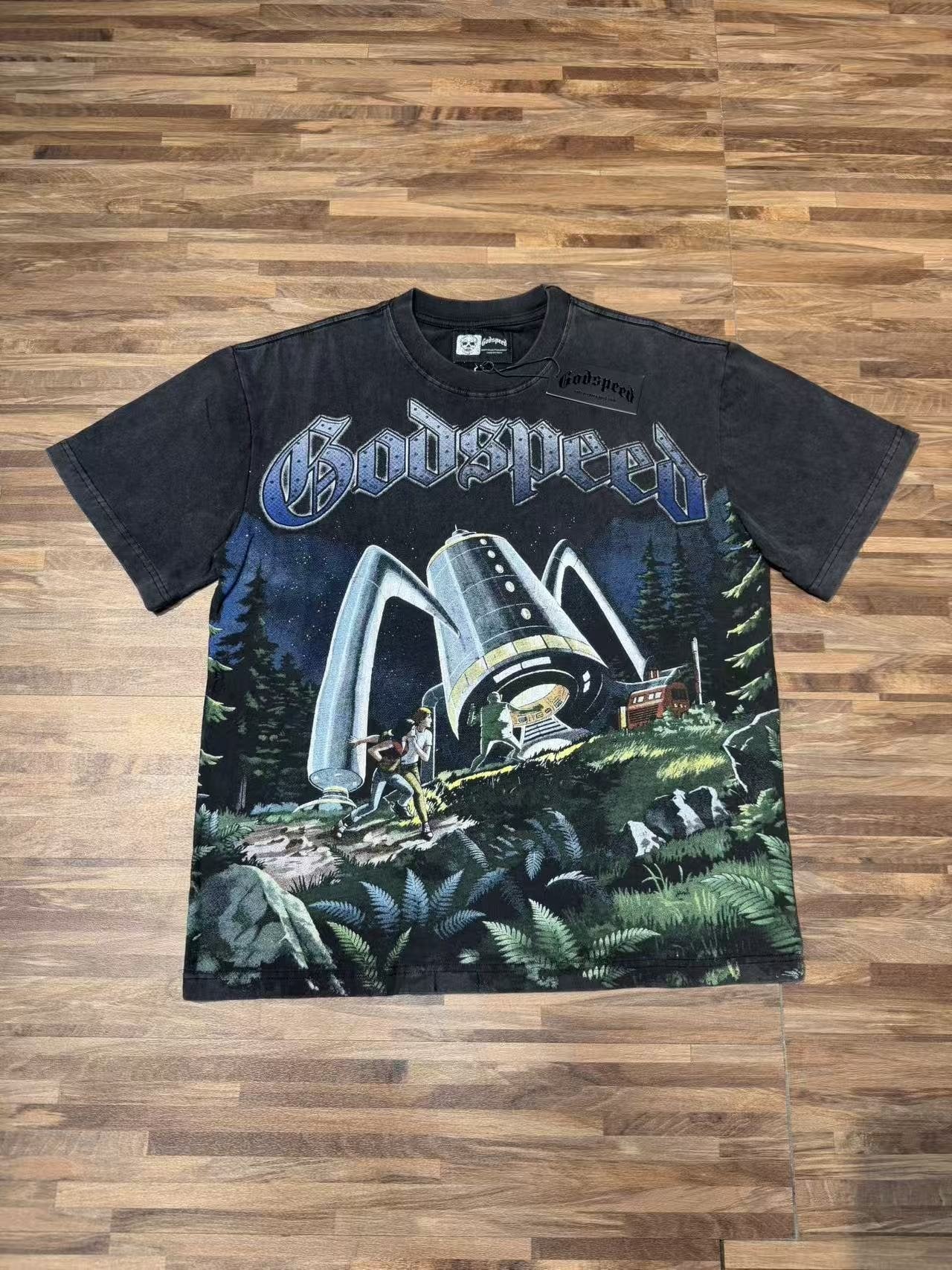 Godspeed Spaceship Graphic Washed Black T-Shirt — front