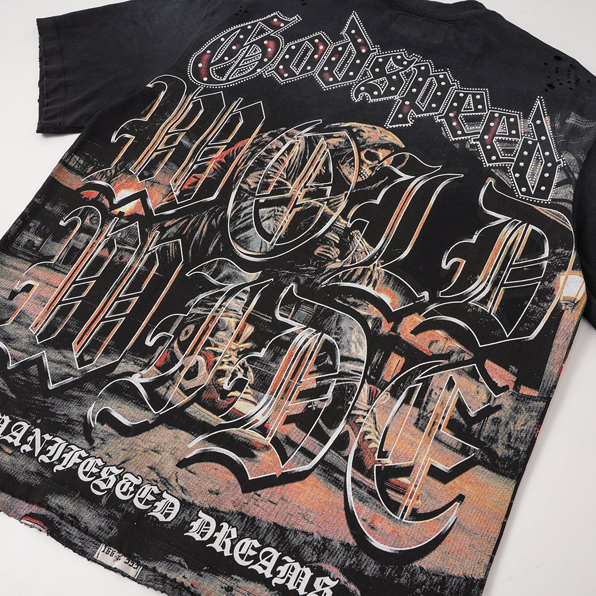 Godspeed Manifested Dreams University Distressed Short-Sleeve T-Shirt — detail