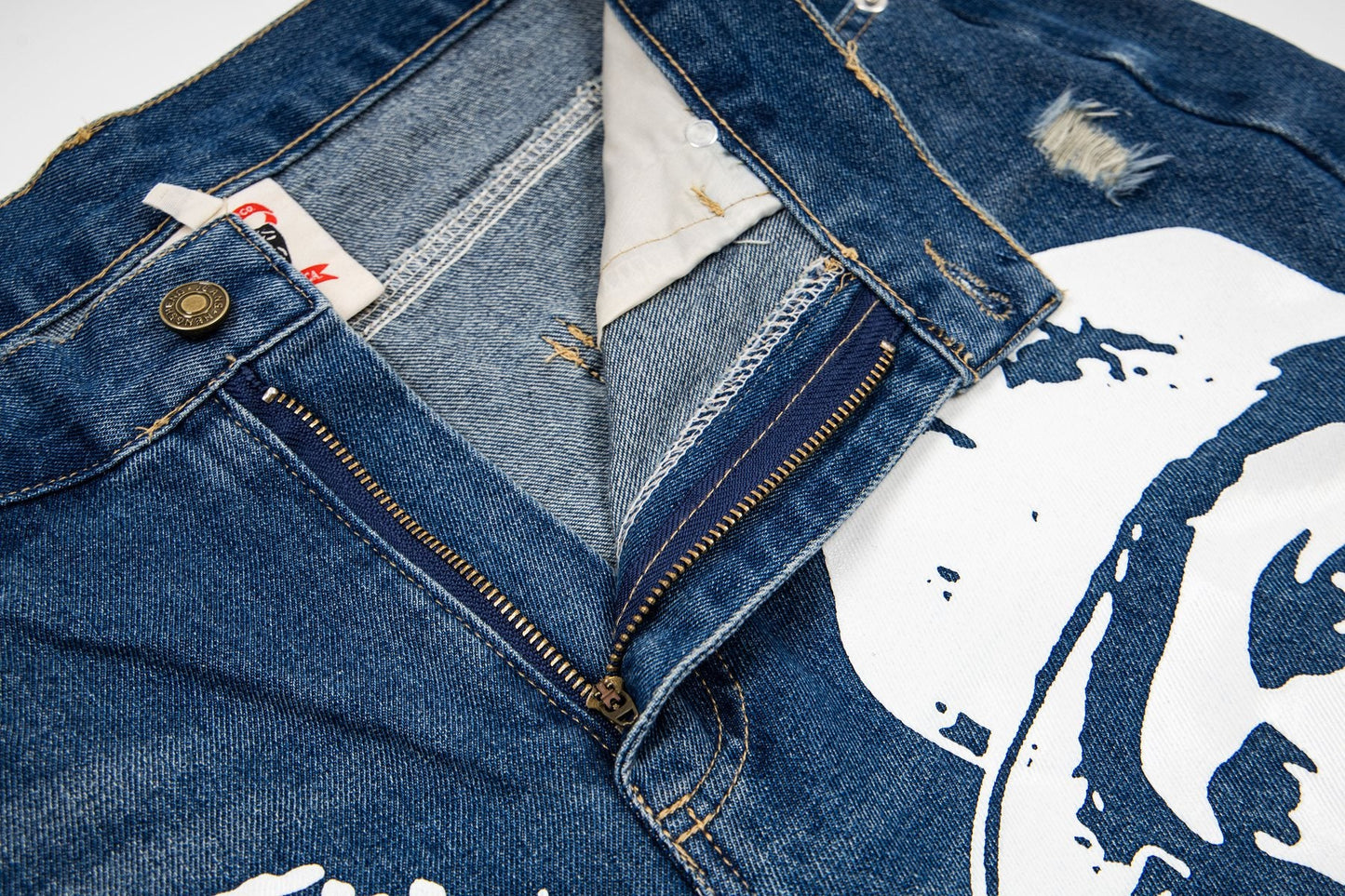 ASAALL Portrait Graphic Washed Denim Shorts — detail