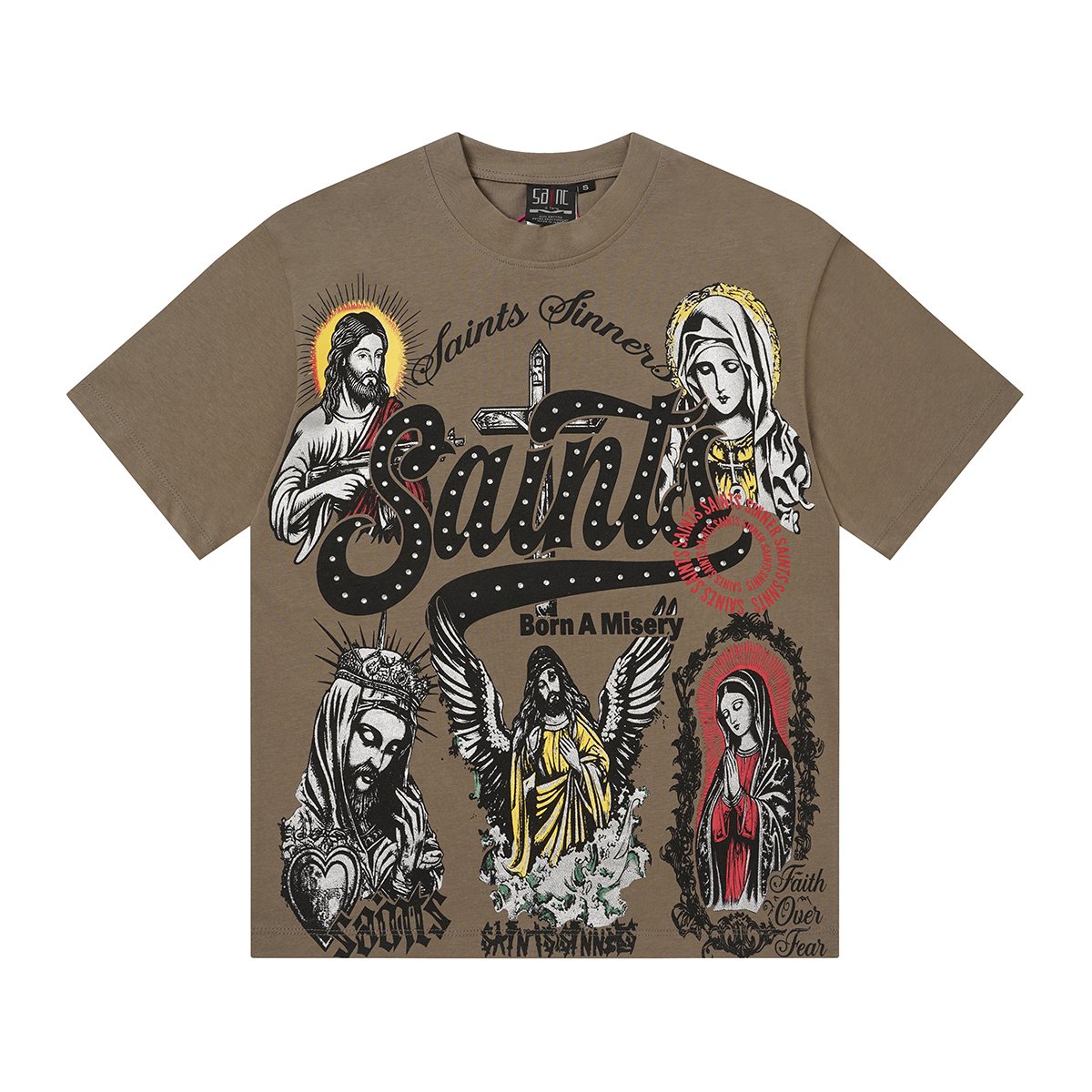 SAINT Rhinestone Religious Graphic T-Shirt — front